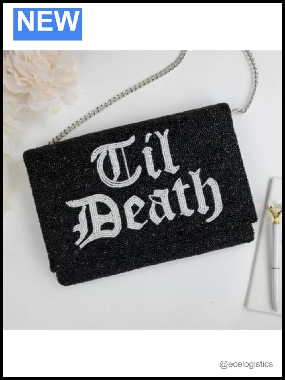 Hand-Beaded Clutch Black Bridal Evening Bag with Chain